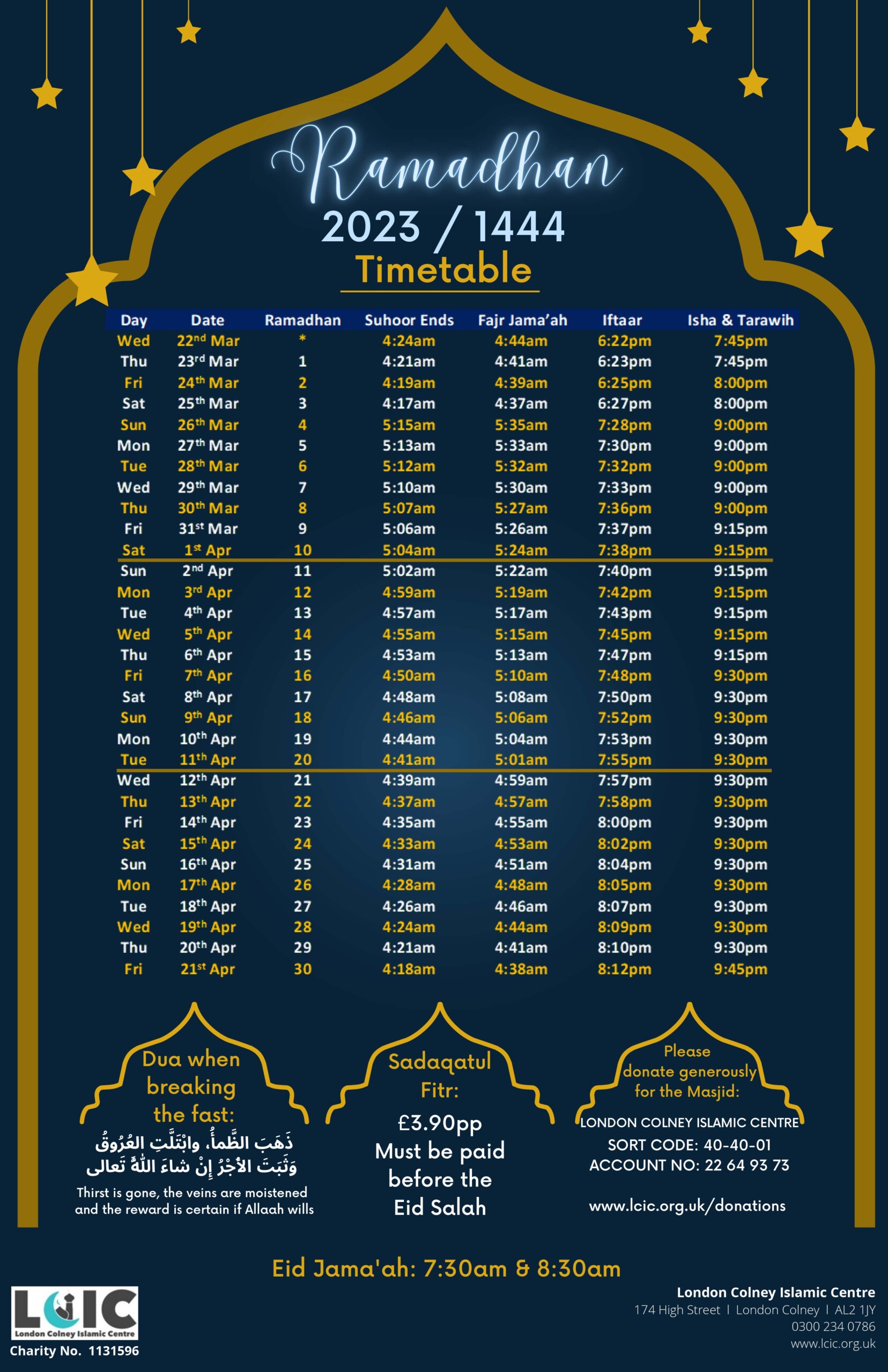 Ramadan 2023 Timetable London Colney Islamic Centre